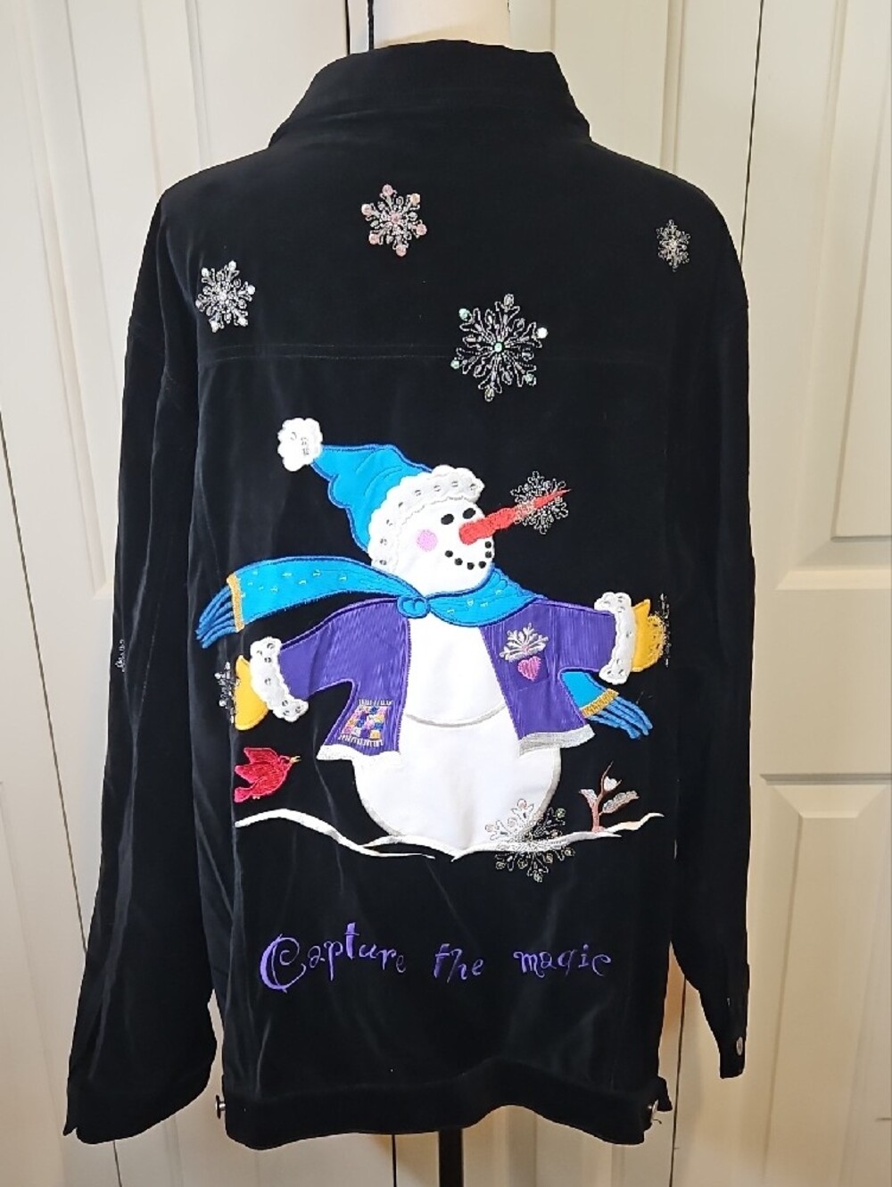 Quacker Factory Snowman Black Velvet Jacket Snowflake Capture The Magic 2X - Picture 7 of 15
